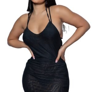 LuckeLadybug LLC black mini dress for women sheer bodycon swim cover up with double spaghetti straps