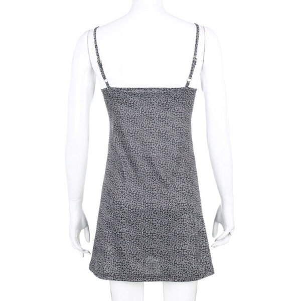 LuckeLadybug womens a-line dress with straps gray floral mini dress back view adjustable spaghetti straps
