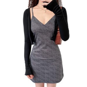 LuckeLadybug womens a-line dress with straps black micro floral V neck worn with cropped black cardigan and tan bag