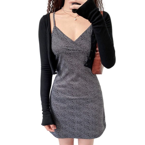 LuckeLadybug womens a-line dress with straps black micro floral V neck worn with cropped black cardigan and tan bag