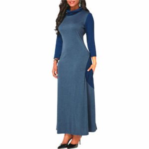 LuckeLadybug blue two tone turtleneck swing dress with long sleeves side pockets and maxi hem