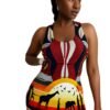 African style racerback dress featuring vibrant animal and sunset print