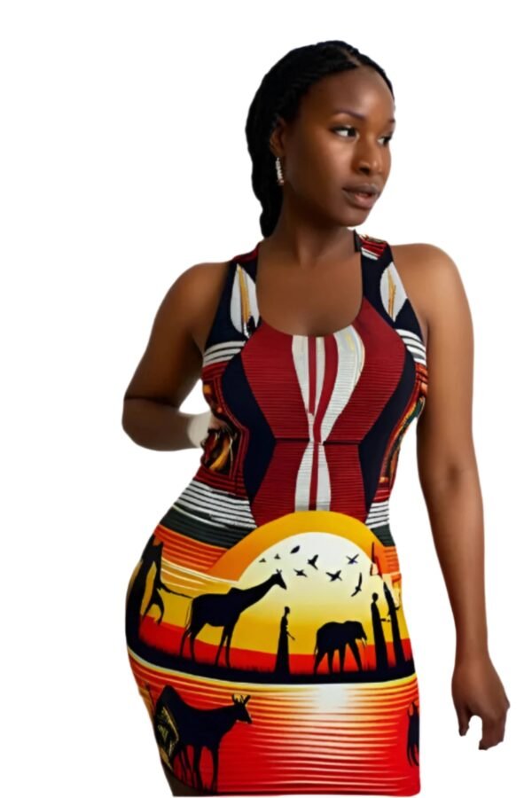 African style racerback dress featuring vibrant animal and sunset print