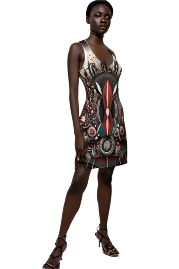 African style racerback dress with vibrant tribal print worn by model with black strappy heels