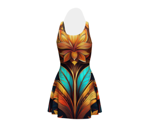 Luckeladybug ancient vibes flare dress for women with vibrant floral and leaf pattern in warm tones