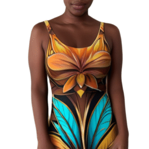 Ancient vibes flare dress for women with vibrant orange and teal floral pattern by luckeladybug