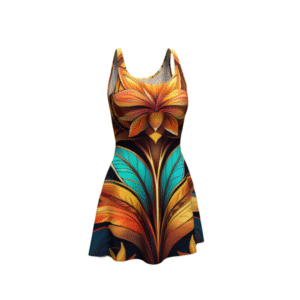 Luckeladybug ancient vibes flare dress for women with vibrant floral and leaf pattern
