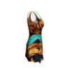 Ancient vibes flare dress for women with vibrant orange and teal leaf pattern by luckeladybug