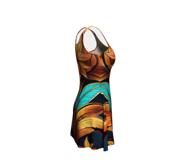 Ancient vibes flare dress for women with vibrant orange and teal leaf pattern by luckeladybug