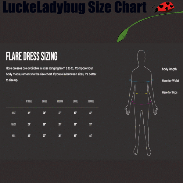 Size chart for LuckeLadybug flare dress showing bust waist and hips measurements for ancient vibes flare dress for women