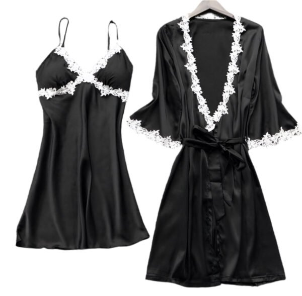 Black satin lingerie and robe set with white lace trim by LuckeLadybug red bridal robe set