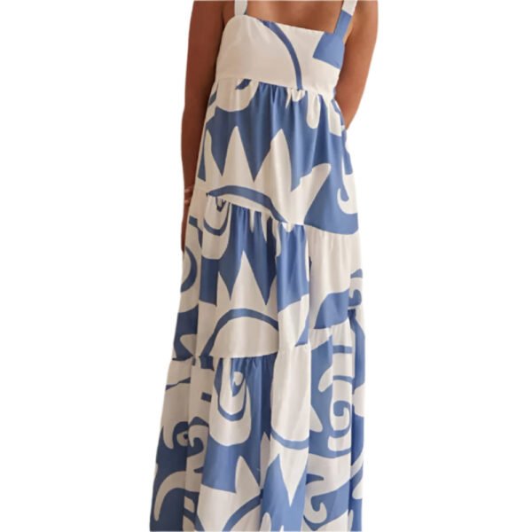 LuckeLadybug casual printed swing dress in blue and white with abstract floral pattern and sleeveless design