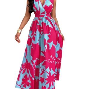 LuckeLadybug floral print summer dress for women in blue with vibrant pink flowers, sleeveless and flowy maxi style