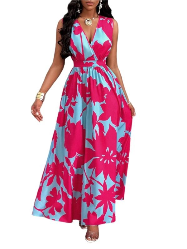 LuckeLadybug floral print summer dress for women in blue with vibrant pink flowers, sleeveless and flowy maxi style