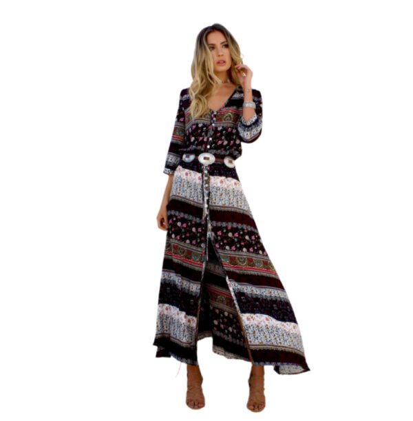 LuckeLadybug long boho dress with sleeves featuring multicolor patterns and a belted waist