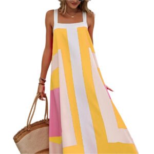 LuckeLadybug minimalist spaghetti strap beach dress with yellow, pink, and white color block design