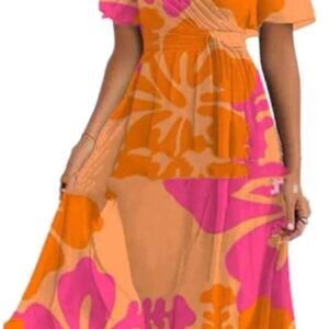 LuckeLadybug orange pink flowy dress with short sleeves and floral pattern perfect for summer