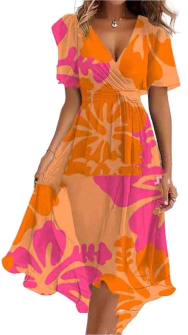 LuckeLadybug orange pink flowy dress with short sleeves and floral pattern perfect for summer