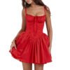 LuckeLadybug red empire waist pleated slim waist mini dress with corset bodice and gathered skirt