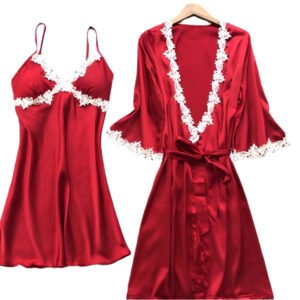 Red bridal robe set with white lace trim satin camisole and matching satin robe with belt