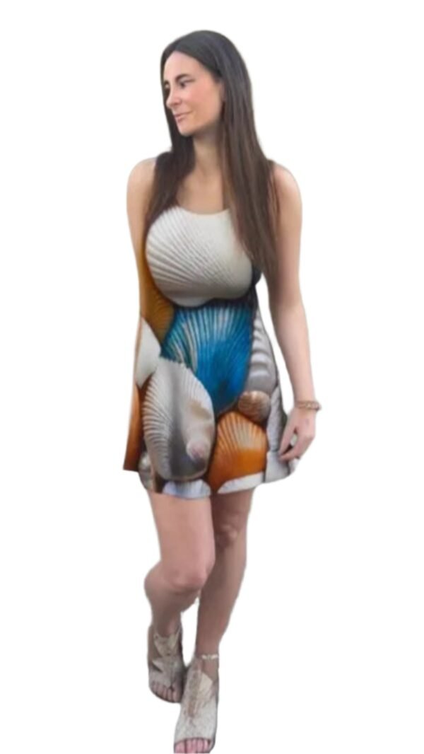 Woman wearing luckeladybug flare dress with seashell pattern called seaside shell dress
