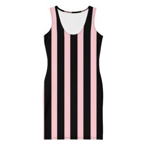 LuckeLadybug striped womens fashion dress bodycon style with black and pink vertical stripes