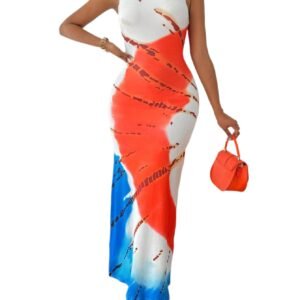 Woman wearing a colorful tie-dye waistline maxi dress summer outfit with orange handbag and sandals