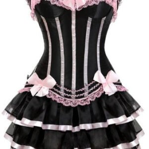 black lace corset dress with pink lace trim bows and tiered ruffle skirt vintage burlesque look