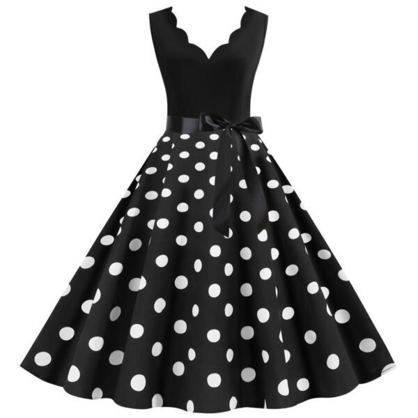 LuckeLadybug retro polka dot swing dress black with white dots scalloped neckline bow waist 1950s style