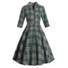 LuckeLadybug retro swing dress green plaid button front fit and flare with three quarter sleeves and collar