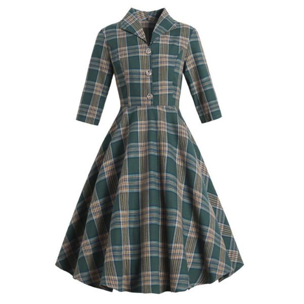 Green Plaid Retro Swing Dress 3/4 Sleeve 1 Green Plaid Retro Swing Dress 3/4 Sleeve LuckeLadybug retro swing dress green plaid button front fit and flare with three quarter sleeves and collar