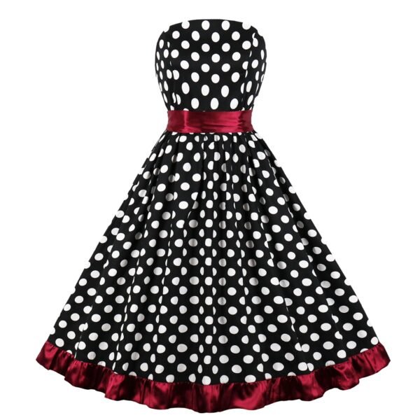 LuckeLadybug polka dot swing dress strapless black with white dots red satin waist sash and hem ruffle