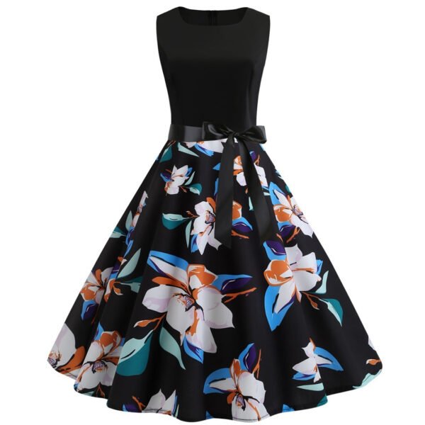 LuckeLadybug women's floral swing dress with black sleeveless bodice floral circle skirt and waist bow