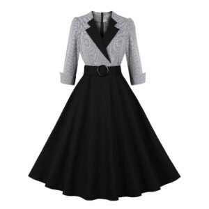 retro swing dress for women, black full skirt with belted waist and checked blazer style bodice with cuffed sleeves