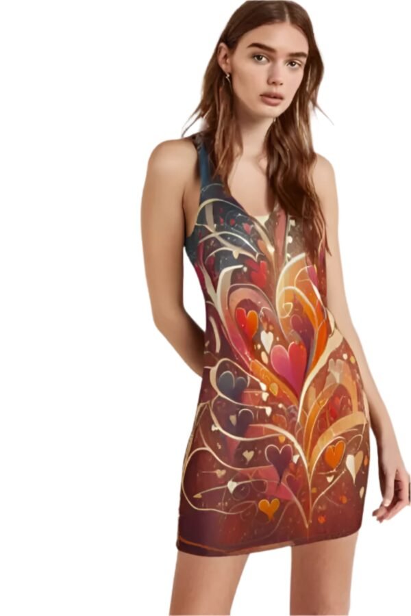 women's abstract heart dress racerback style with colorful heart design on fitted silhouette